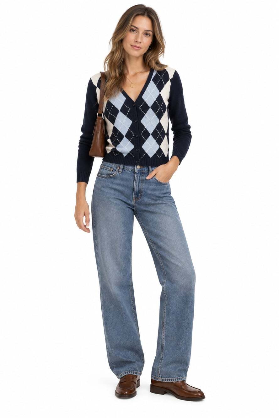 Brandy Melville Women's Navy Blue Argyle Cotton Button Cardigan Sweater (Size O/